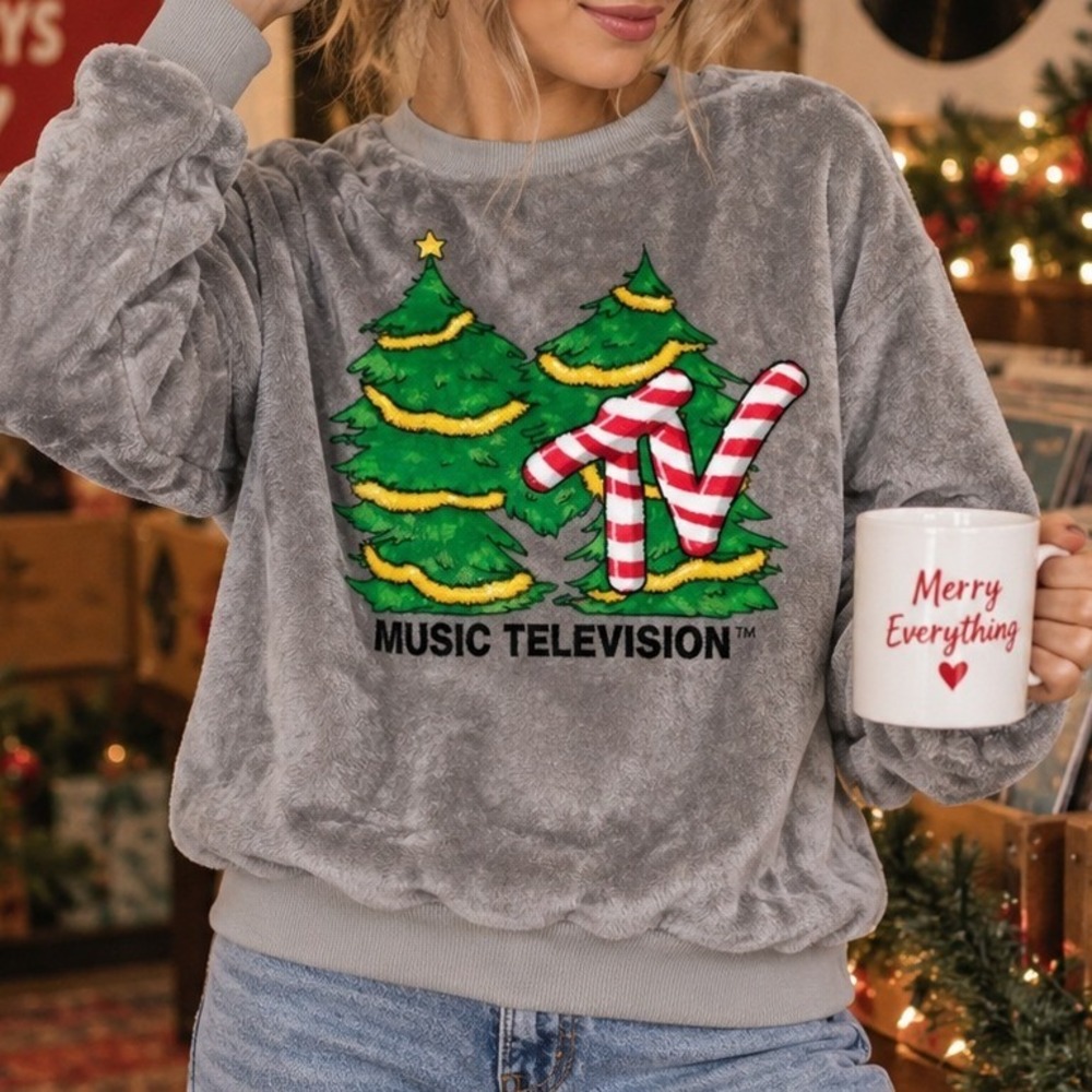 MTV Gray Plush Fleece Christmas Sweatshirt Trees Candy Cane Logo Womens Small